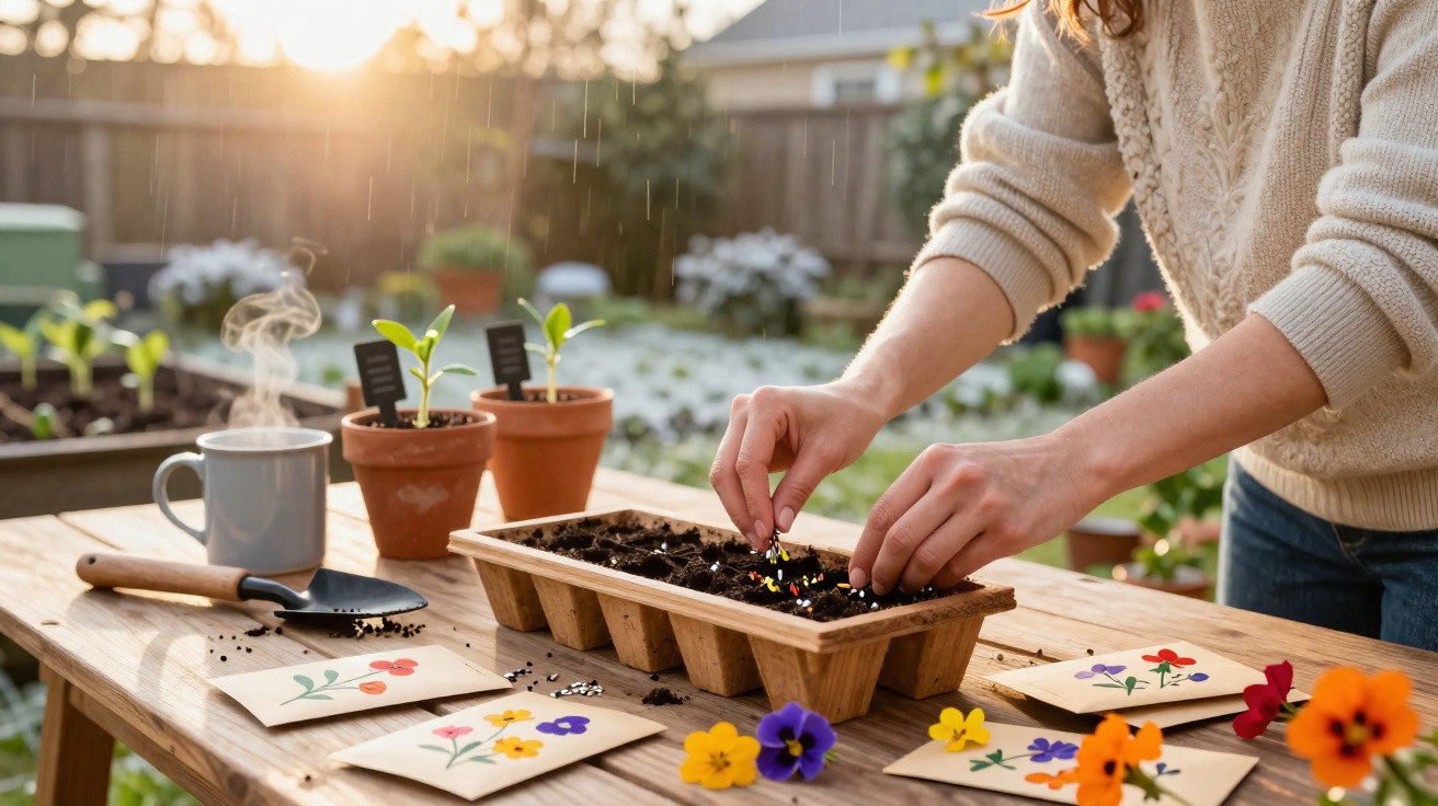 Person planting seeds in soil trays on a wooden table with seed packets and potted plants outdoors.