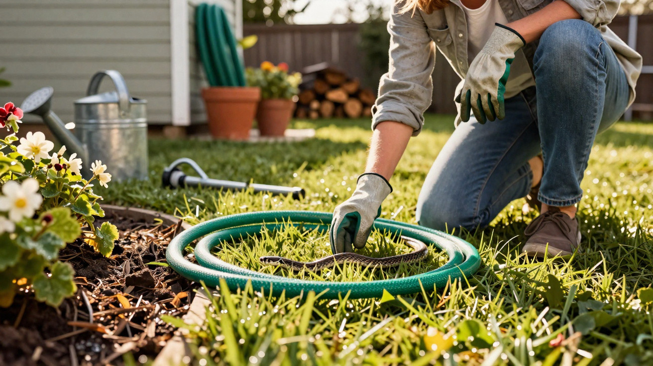 Person wearing gloves kneeling in garden, holding a small snake near a coiled garden hose on grass.
