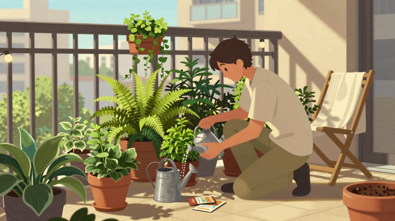 Person watering various potted plants on a sunny balcony with a chair and seed packets nearby.