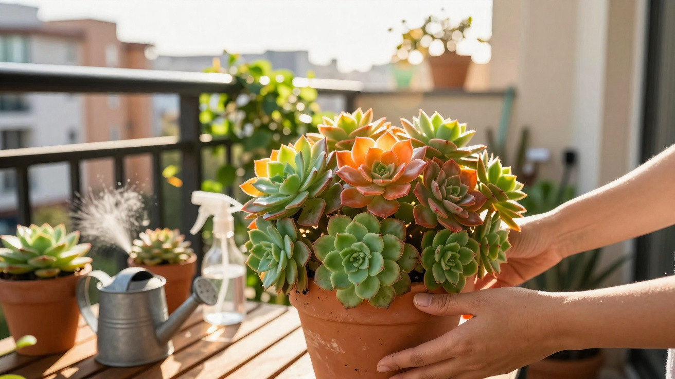 Hands holding a terracotta pot with vibrant succulents on a sunlit balcony wooden table.