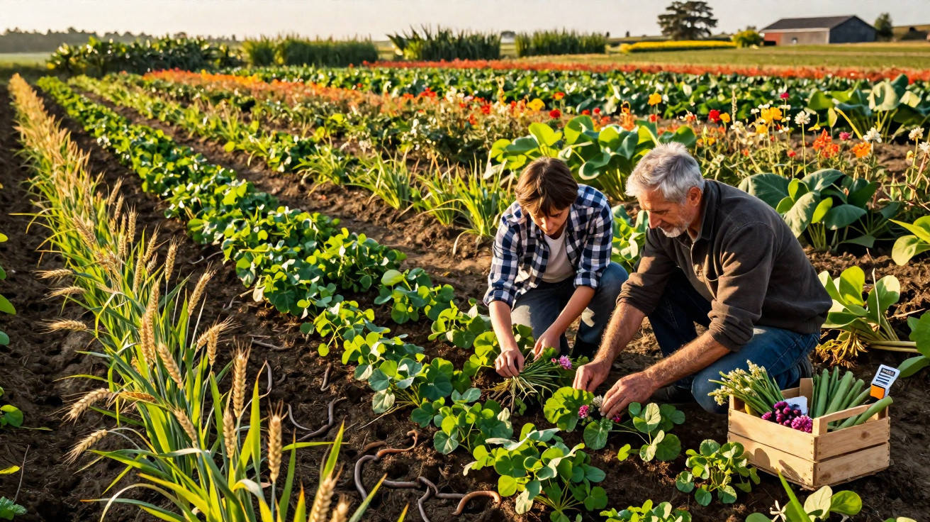 Two people harvesting flowers together in a colourful, sunlit field with a wooden crate nearby.