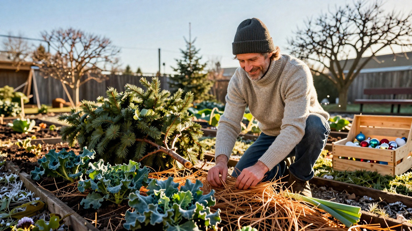 Man wearing a beanie and sweater arranging straw mulch in a vegetable garden on a sunny day.