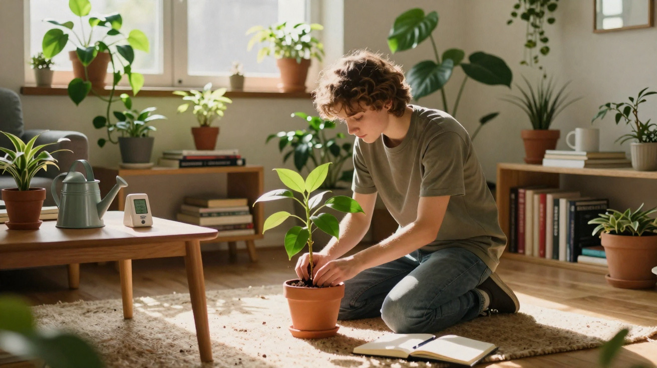 Young person kneeling on carpet repotting a potted plant in a bright, plant-filled living room.
