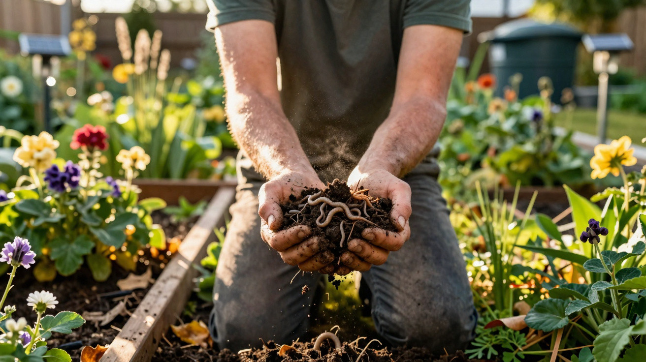 Person holding soil with earthworms in a sunlit garden surrounded by colourful flowering plants.