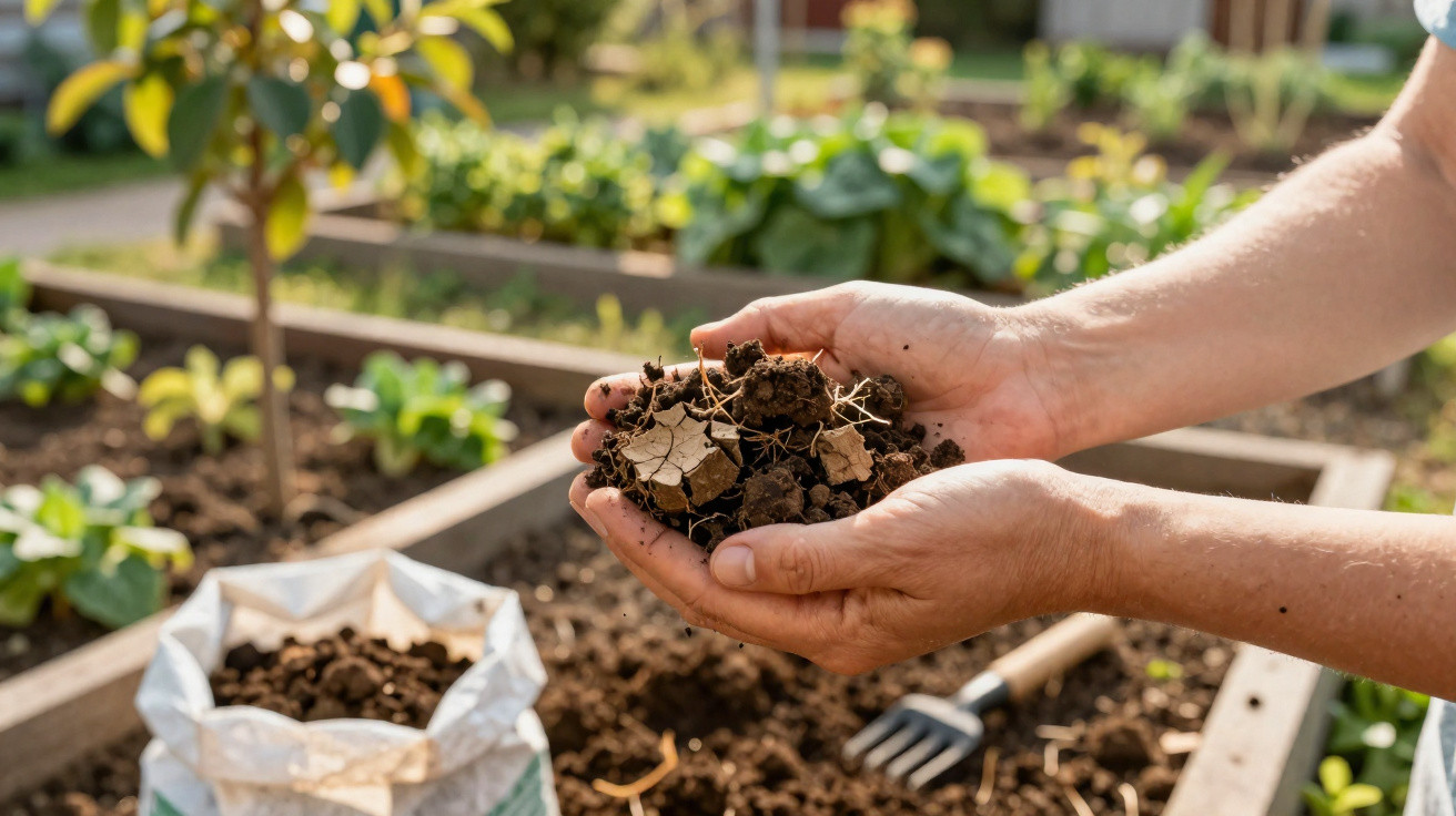 Hands holding soil with dried leaves over a vegetable garden bed on a sunny day