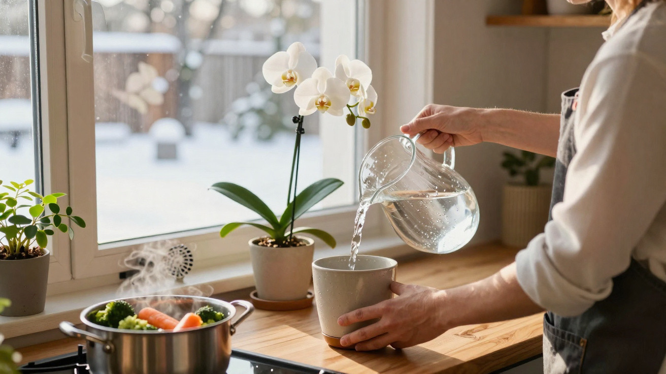 Person pouring water from a jug into a cup near a window with potted plants and a steaming pot on the stove.