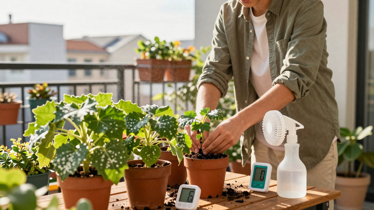 Person repotting plants on a sunny balcony with gardening tools and digital plant sensors on a wooden table.