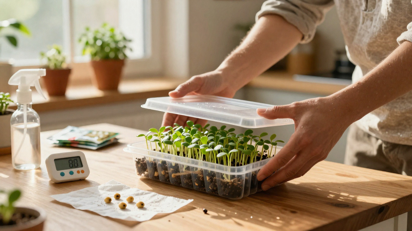 Person covering small green seedlings in a transparent container on a wooden table by a window.