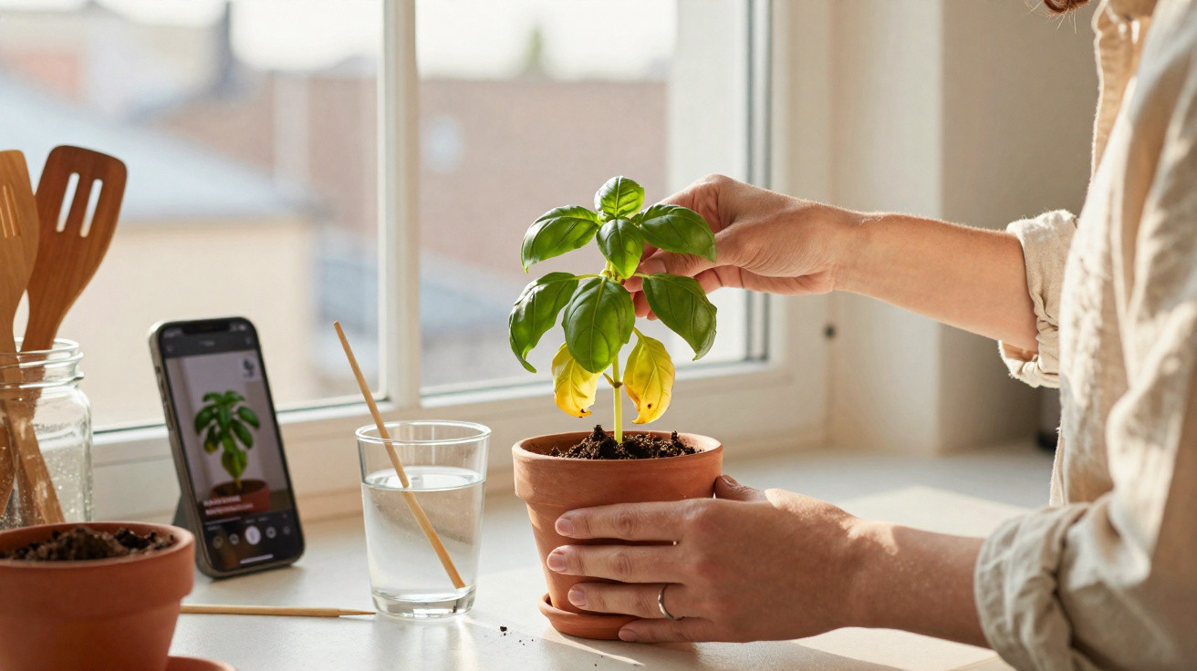 Person examining a basil plant in a pot near a window with gardening tools and a phone nearby.