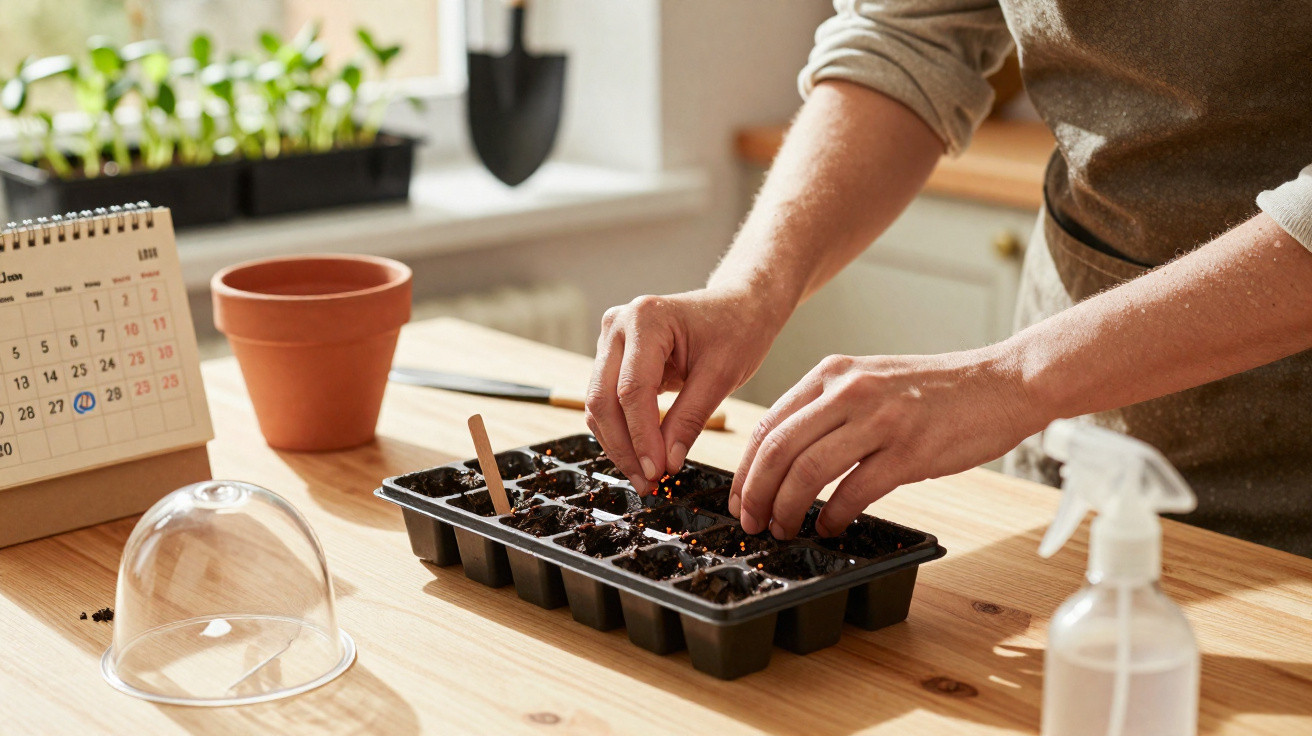 Person planting seeds in a seed tray on a wooden table with gardening tools and seedlings nearby.