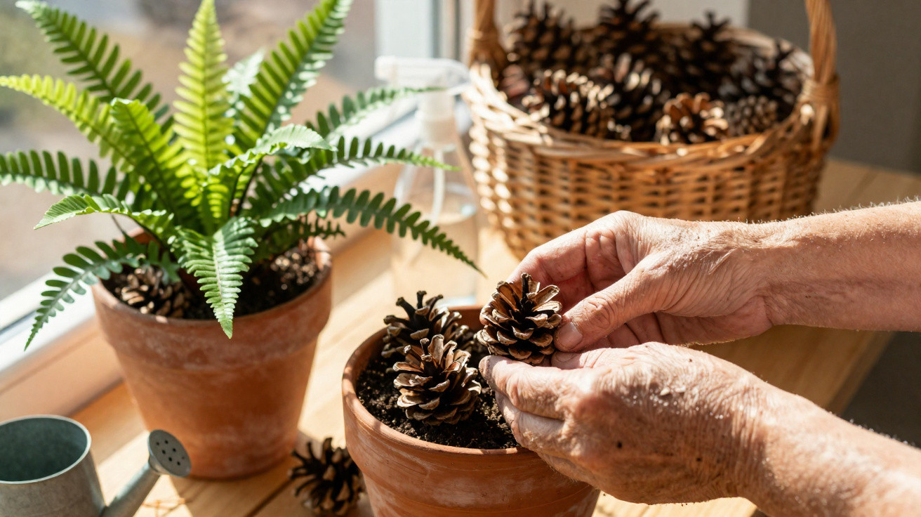 Hands planting pine cones in a terracotta pot with a fern and basket of pine cones nearby on a windowsill.