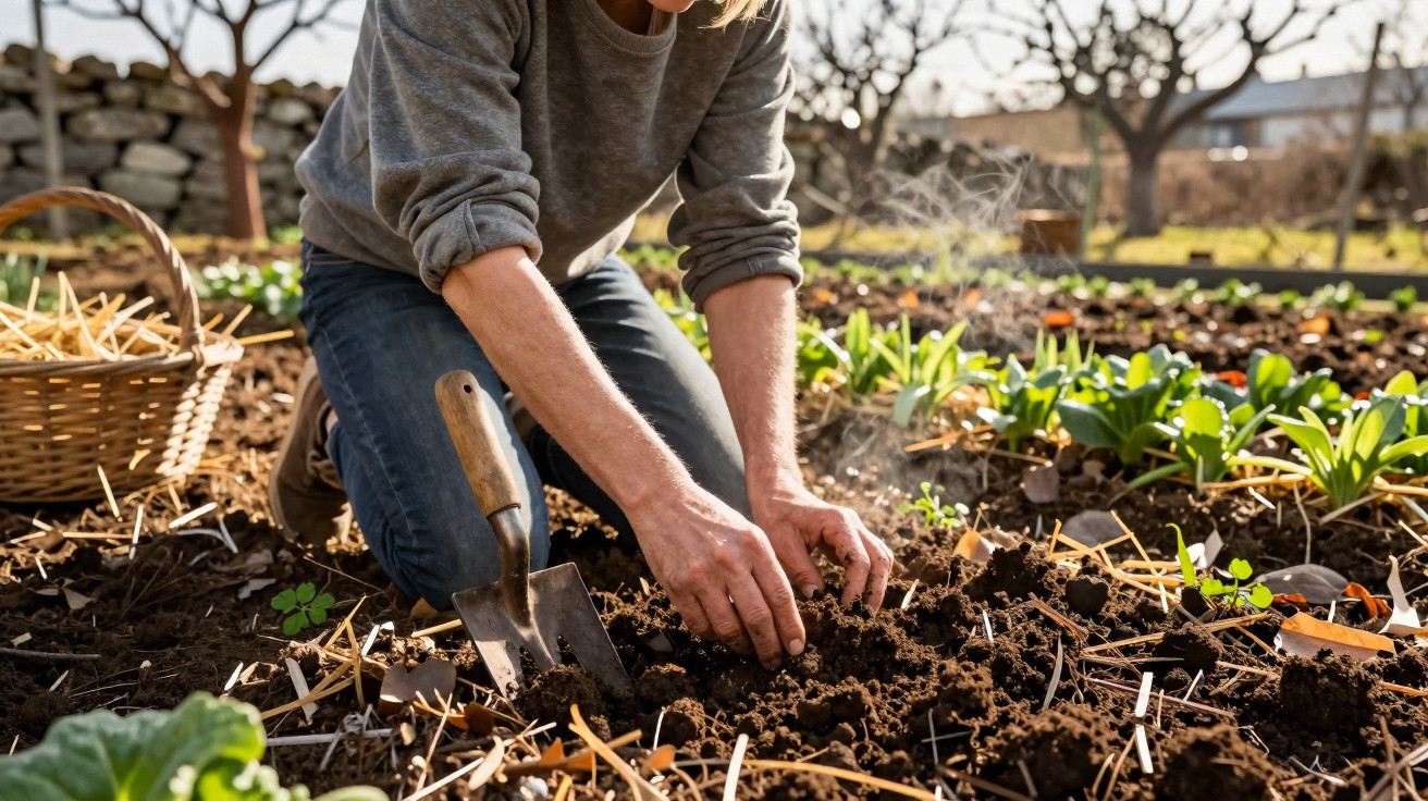 Person kneeling in a garden, planting seeds in soil with a trowel and a basket of straw nearby.
