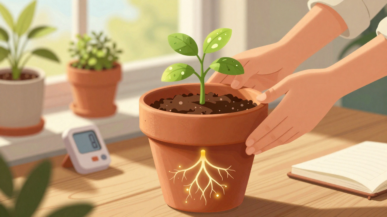Hands nurturing a small green plant in a terracotta pot with glowing roots indoors by a window.