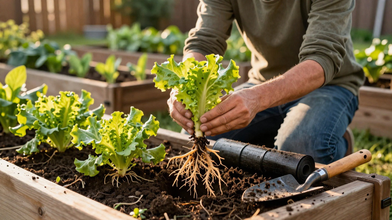 Person planting lettuce seedlings in raised garden bed with gardening tools nearby in sunlight.