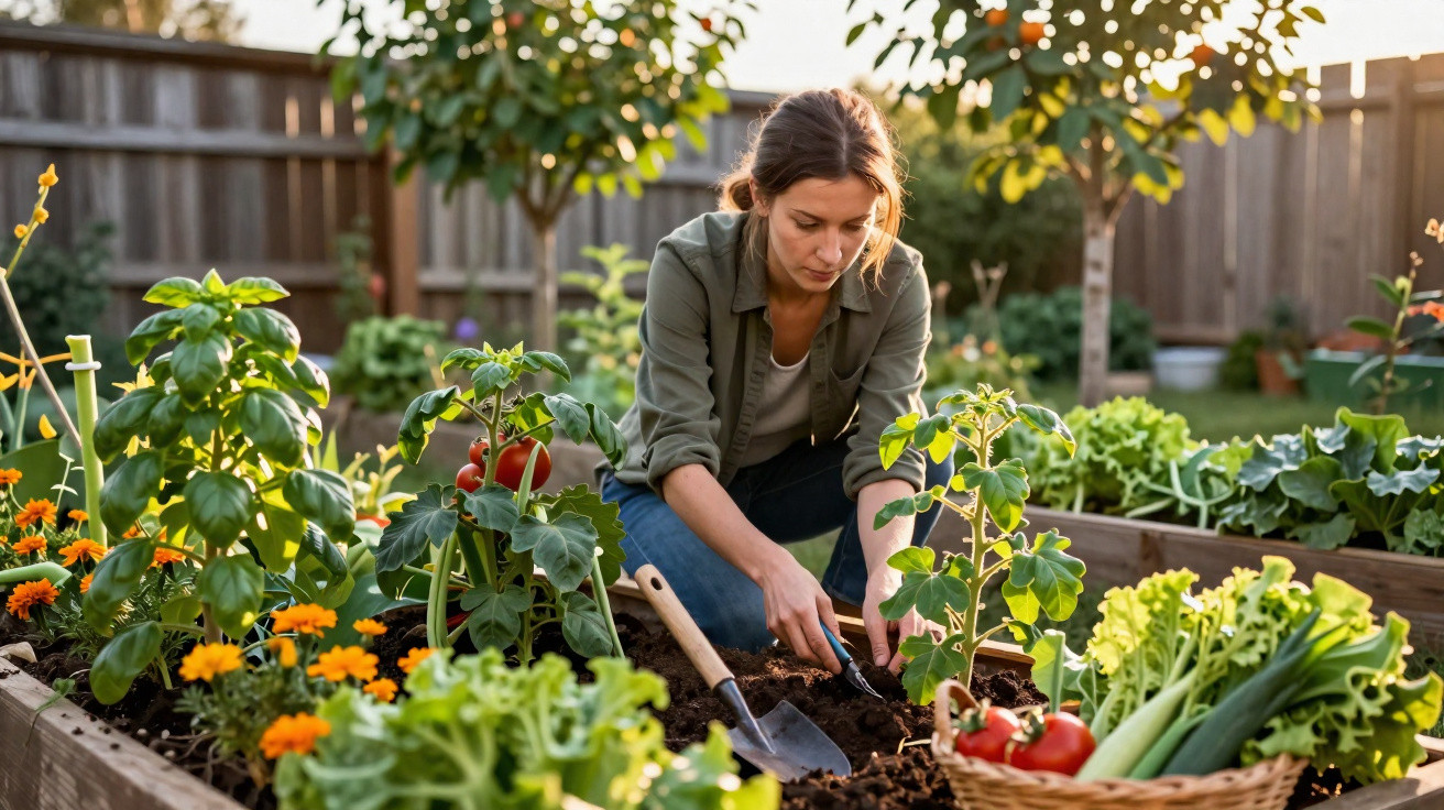 Woman gardening in a raised bed with fresh vegetables and flowers in a sunny backyard garden.