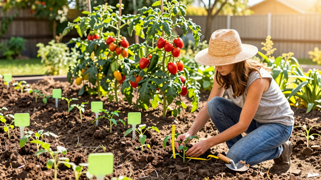 Woman in a straw hat planting seedlings in a garden with ripe tomato plants in the background.