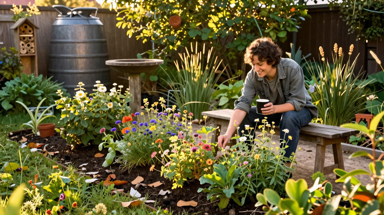 Person tending colourful flower bed in sunlit garden holding a mug while sitting on a bench