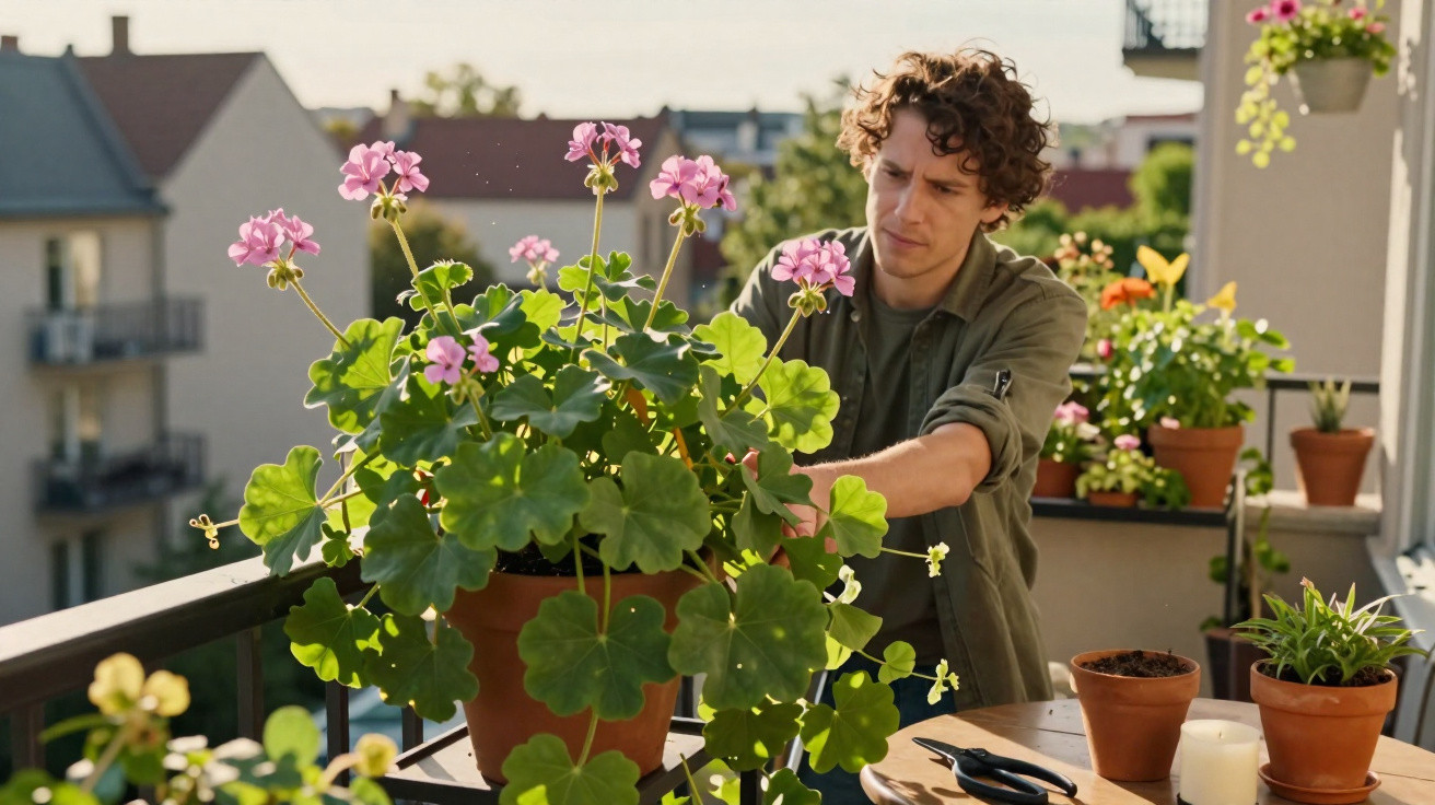 Young man tending to potted pink geraniums on a sunlit balcony with gardening tools nearby.