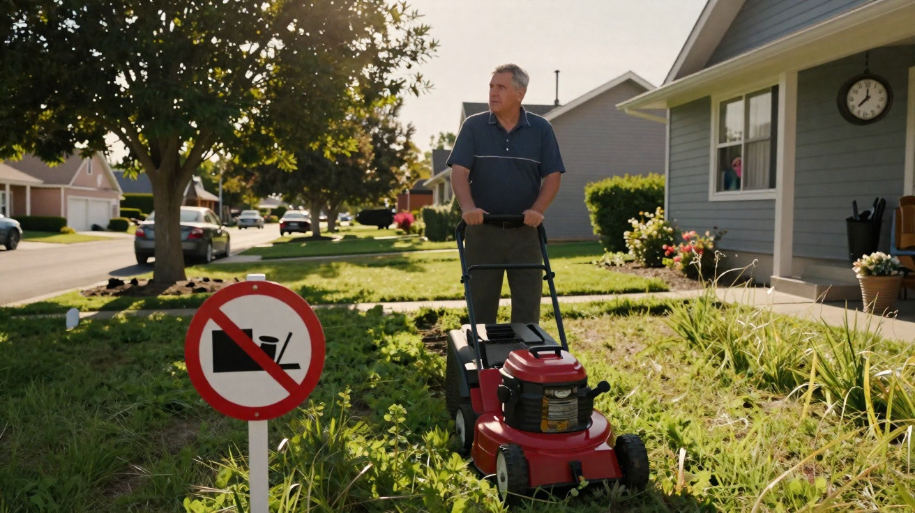 Man standing with lawnmower on uncut grass beside a no lawnmower sign in a suburban neighbourhood.