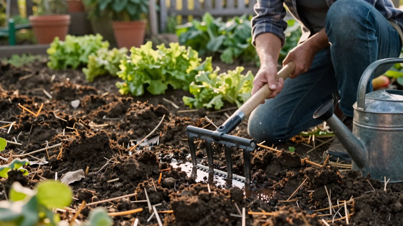 Person using a hand rake to till soil in a vegetable garden with green lettuce plants nearby.