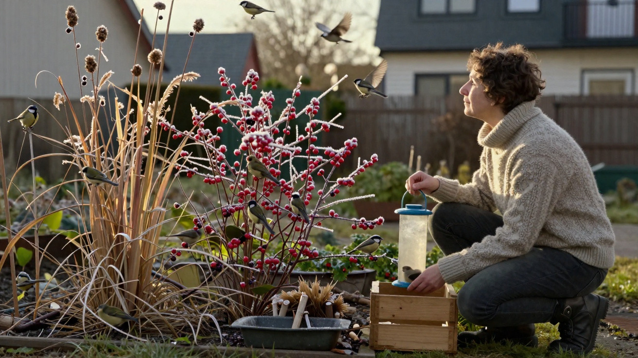 Person in a knitted sweater feeding small birds from a feeder in a garden with red berries and dry grasses.