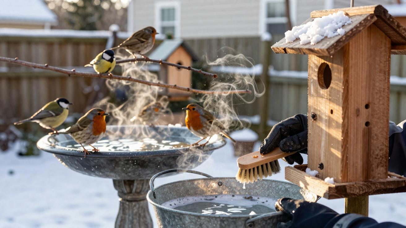 Birds, including robins and tits, gather around a steaming birdbath and feeder in a snowy garden.