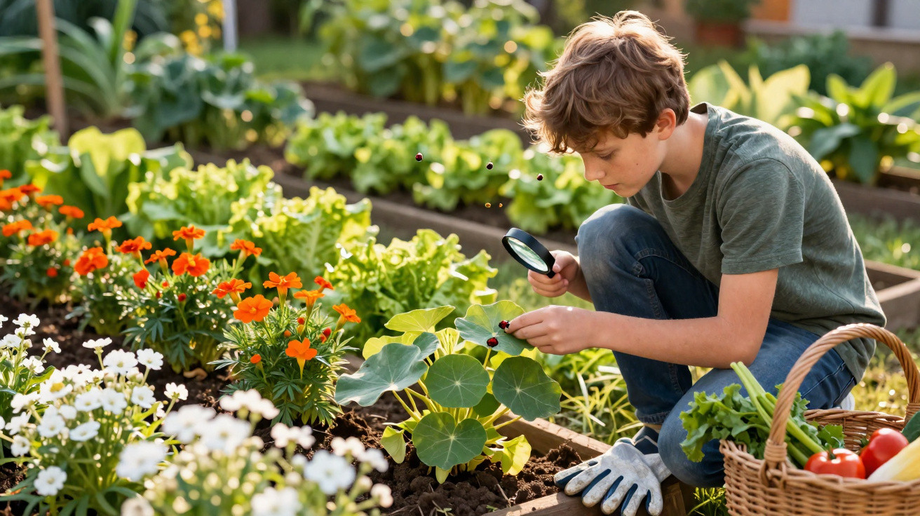 Young boy examining plants with a magnifying glass in a vibrant garden with flowers and vegetables.