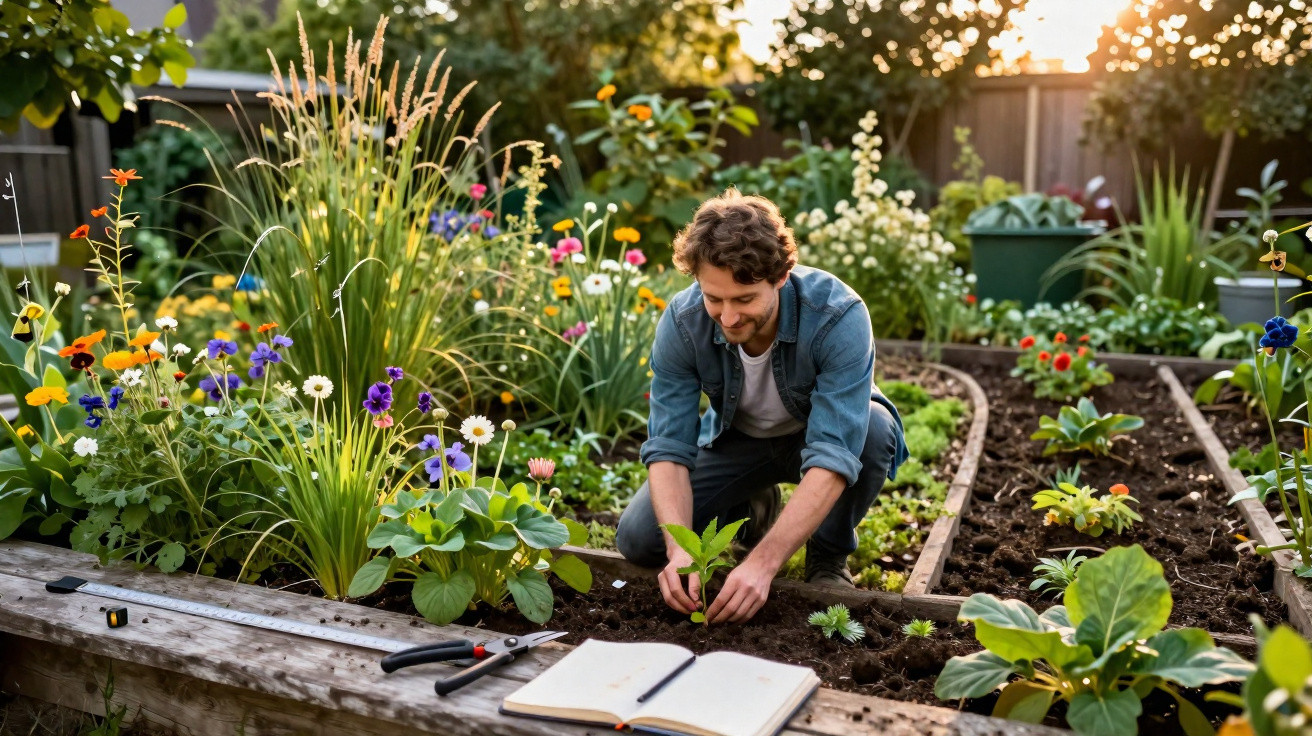 Man planting seedlings in a vibrant garden with colourful flowers during golden hour sunlight.