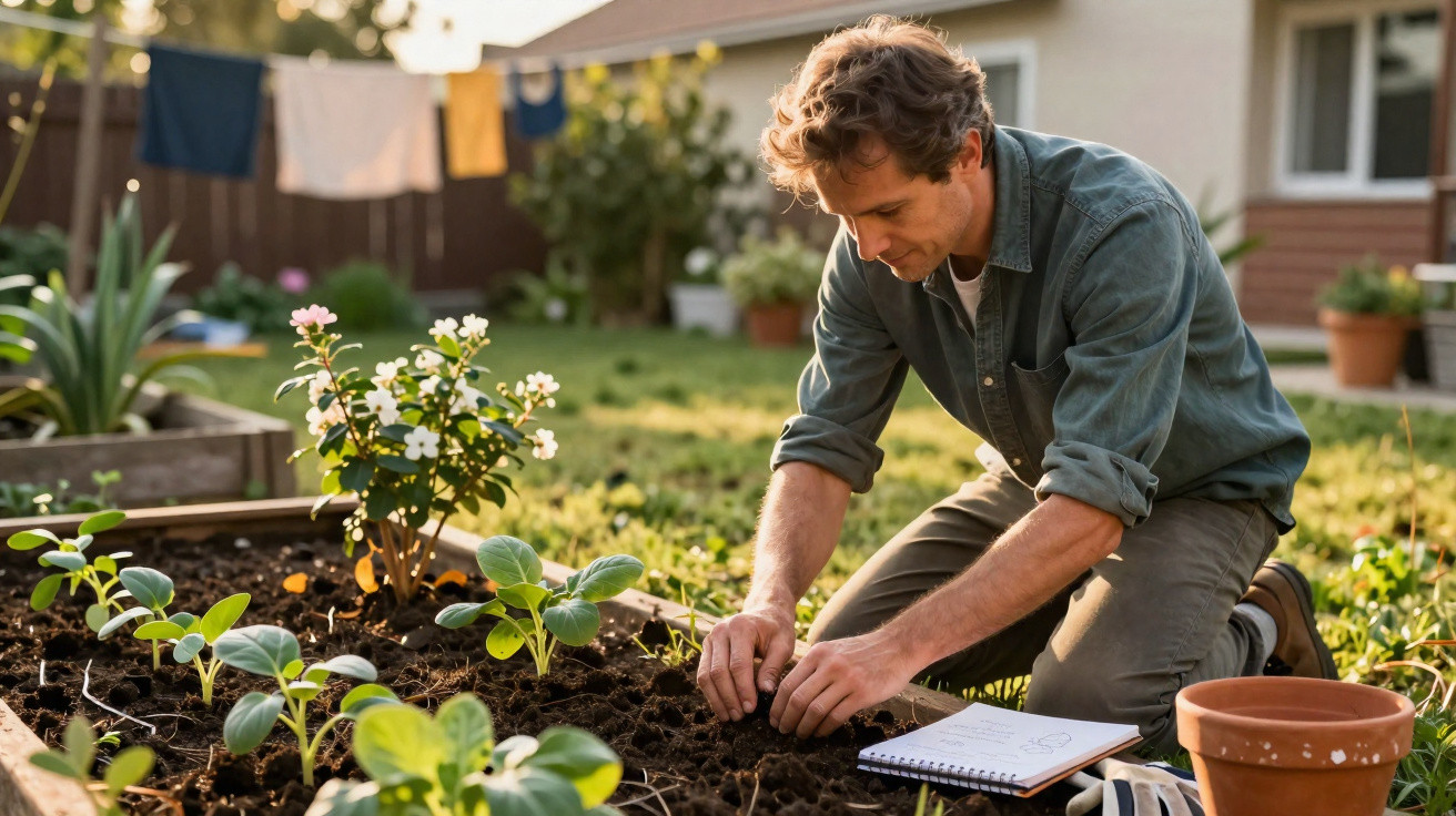 Man planting seedlings in a garden bed with a notepad and flowerpot nearby in a sunlit backyard.