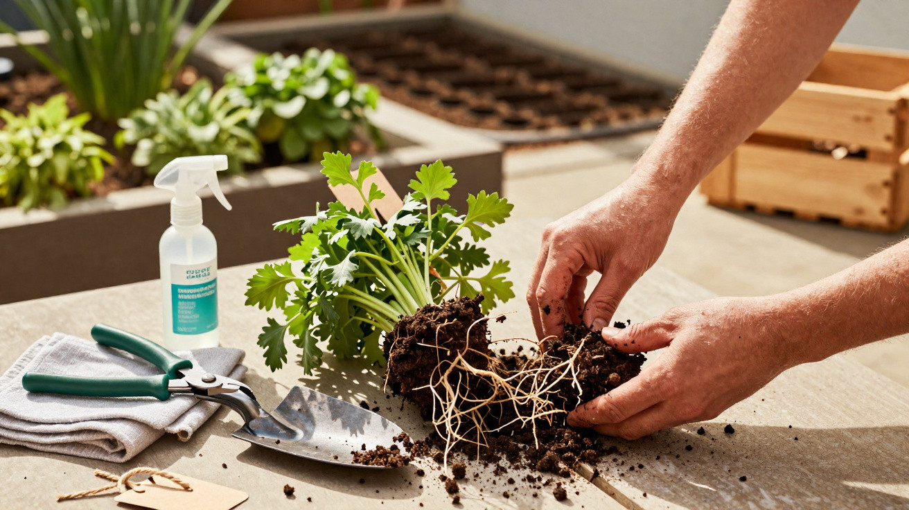 Hands repotting a green herb plant with soil on a wooden table, alongside gardening tools and a spray bottle.