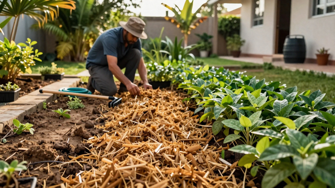 Man wearing a hat gardening with plants and mulch in a sunny backyard next to a house.