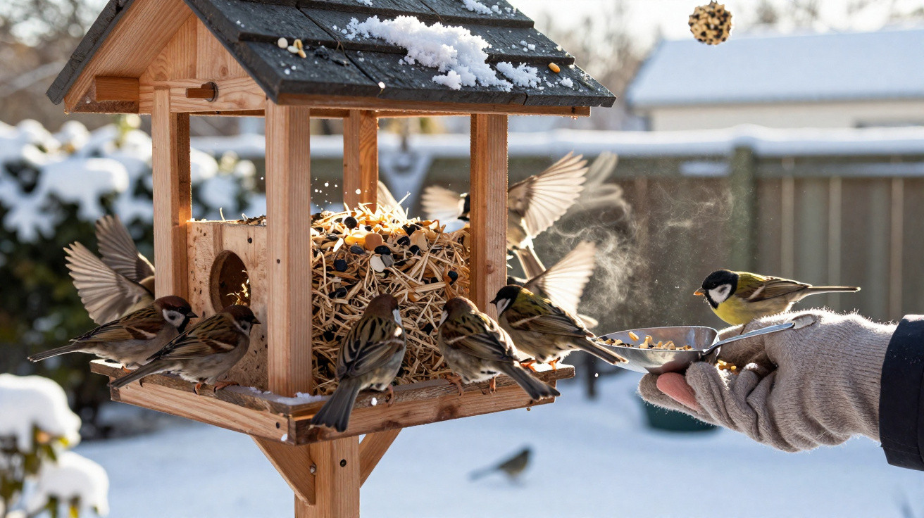 Birds eating seeds from a wooden bird feeder in a snowy garden with a gloved hand offering food on a spoon.