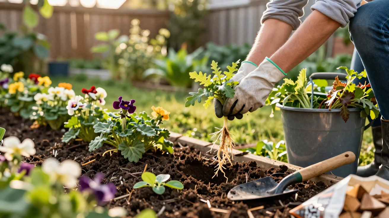 Person wearing gloves planting a young leafy plant in a garden bed with flowers and gardening tools nearby.