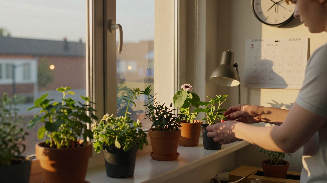 Person arranging various small potted plants on a sunny windowsill indoors during daytime.