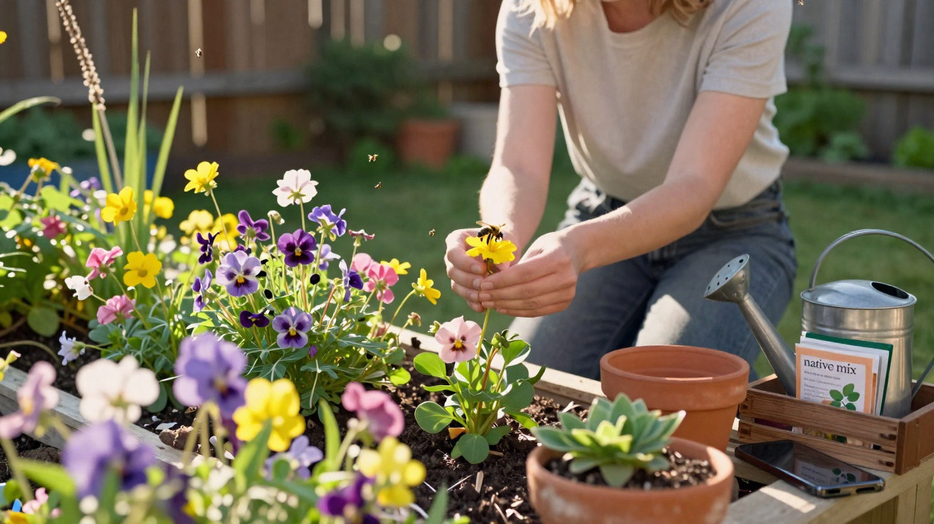 Person tending to colourful flowers in a garden bed with gardening tools and pots nearby on a sunny day.