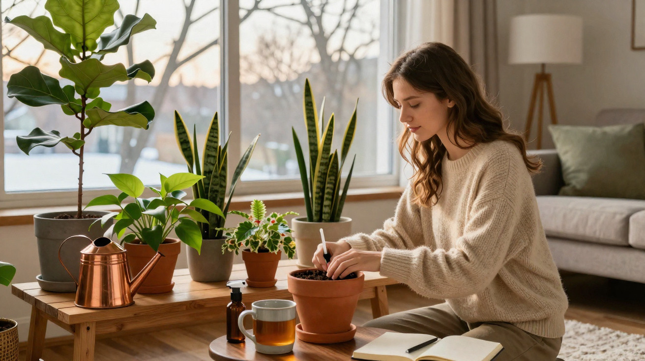 Woman in a beige sweater planting a small plant in a pot by a window surrounded by houseplants and a watering can.