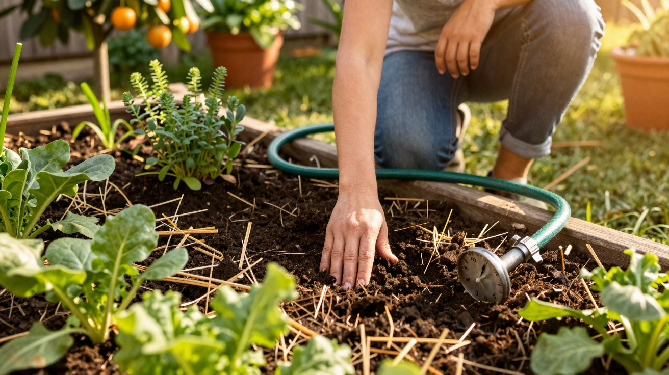 Person planting seeds in soil of a garden bed with green plants and a watering hose nearby.