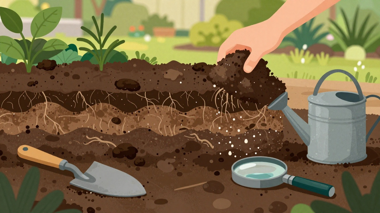 Hand gardening with soil showing plant roots, a trowel, watering can, and a magnifying glass nearby in a garden bed.