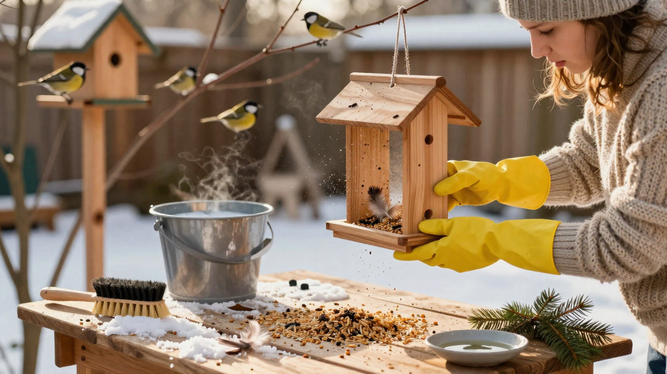 Woman wearing yellow gloves filling a wooden bird feeder with seeds on a snowy day.