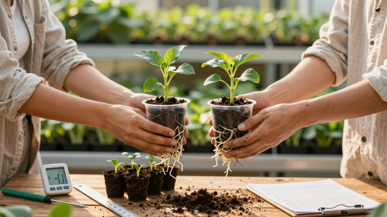 Two people holding young plant seedlings with visible roots in a greenhouse setting on a wooden table.