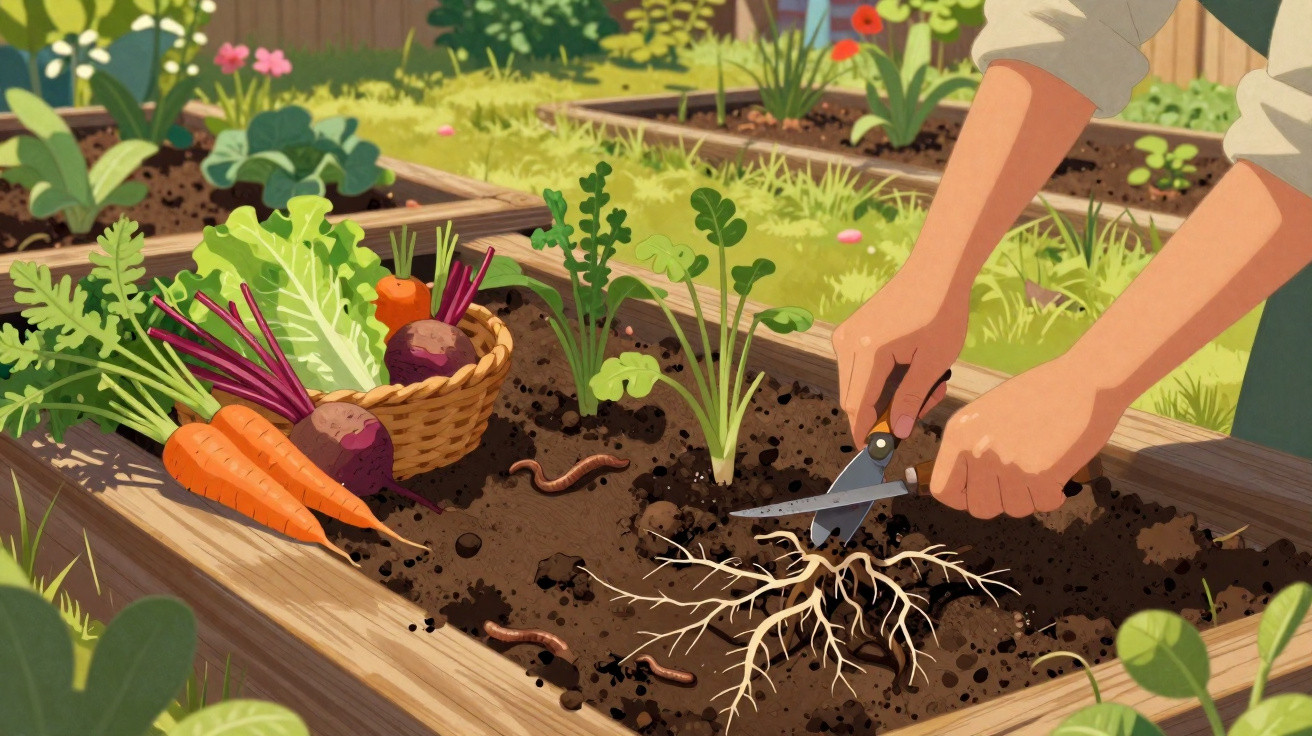 Hands trimming roots of plants in a garden bed with vegetables and earthworms nearby on a sunny day.