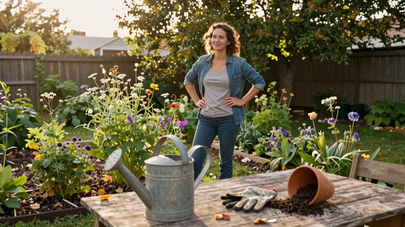 Woman standing in a colourful garden with flowers, next to a table with a watering can, gloves, and a tipped pot.