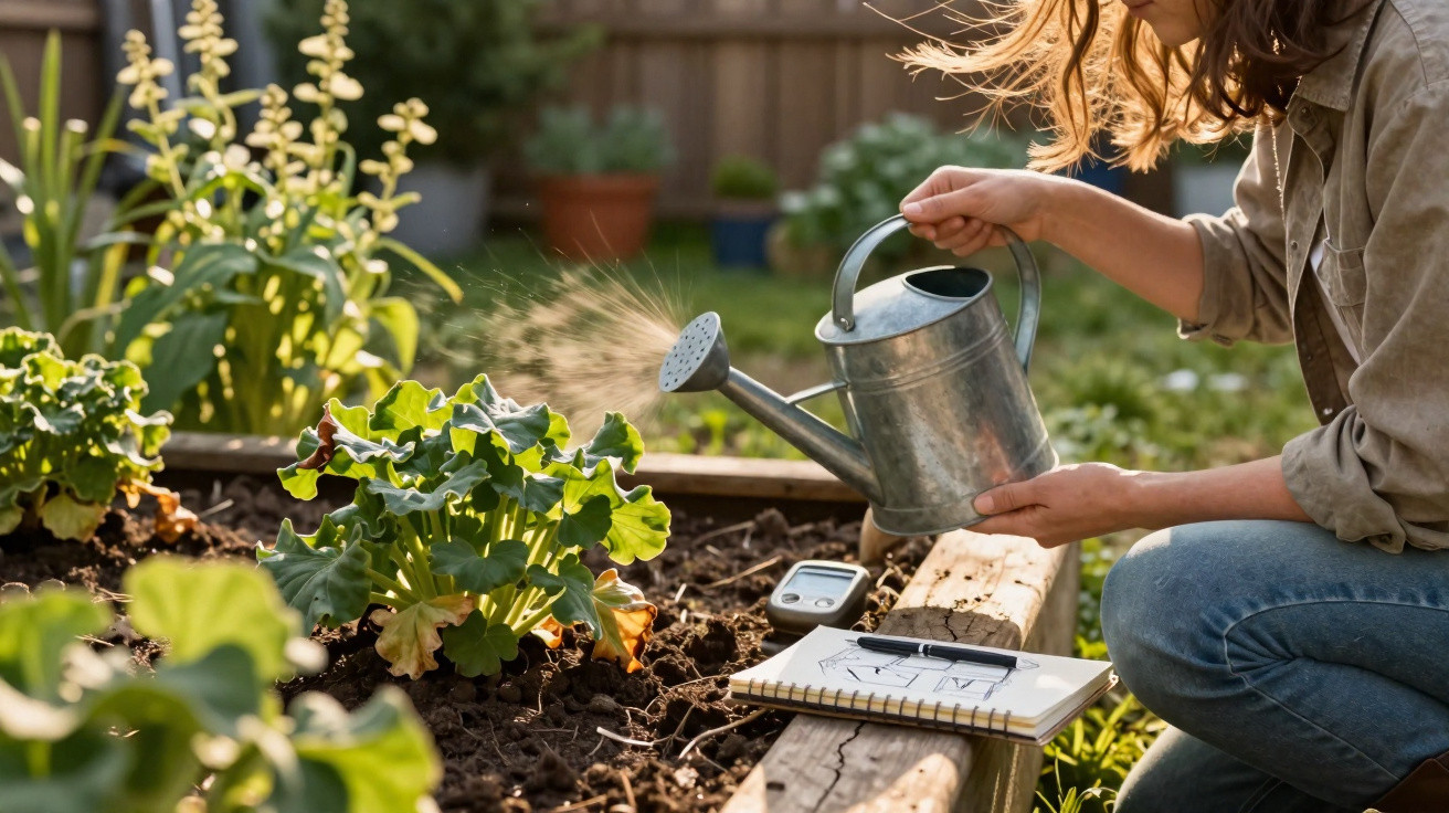 Person watering plants in a garden bed with a metal watering can on a sunny day.