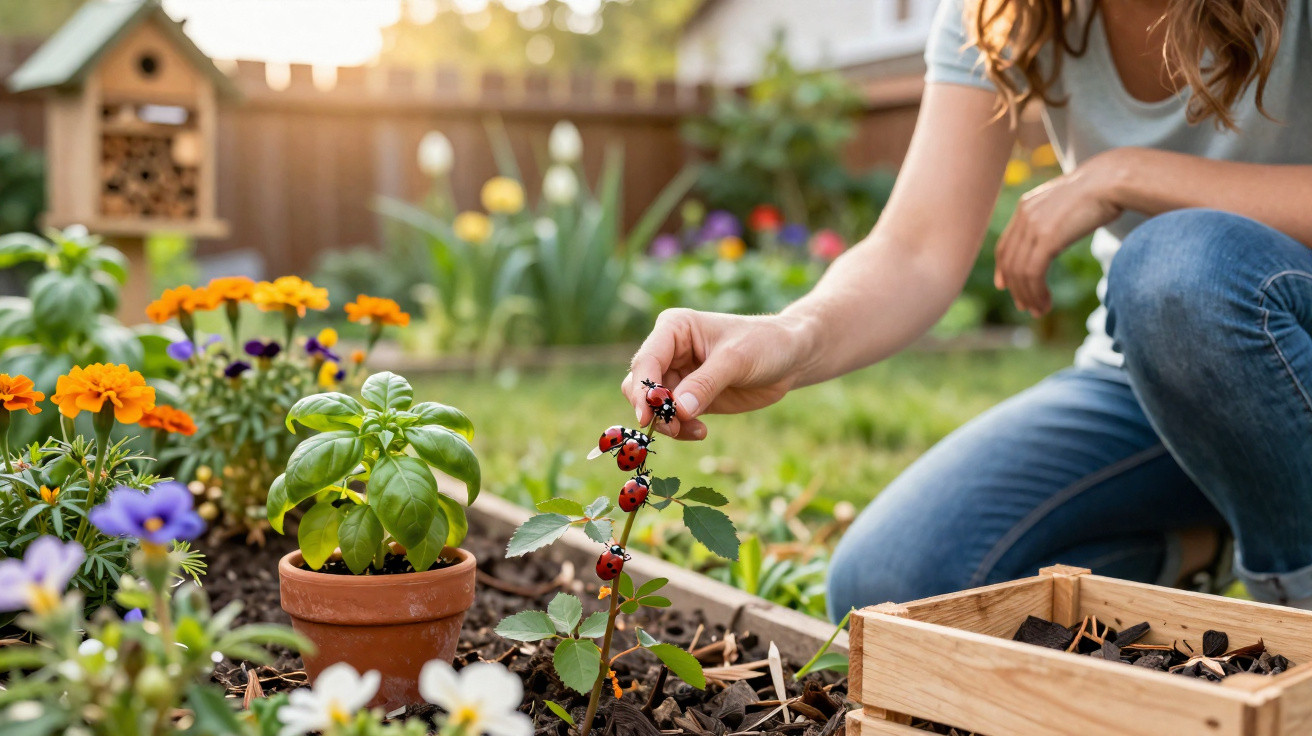 Person inspecting a plant covered with several ladybirds in a colourful garden bed.