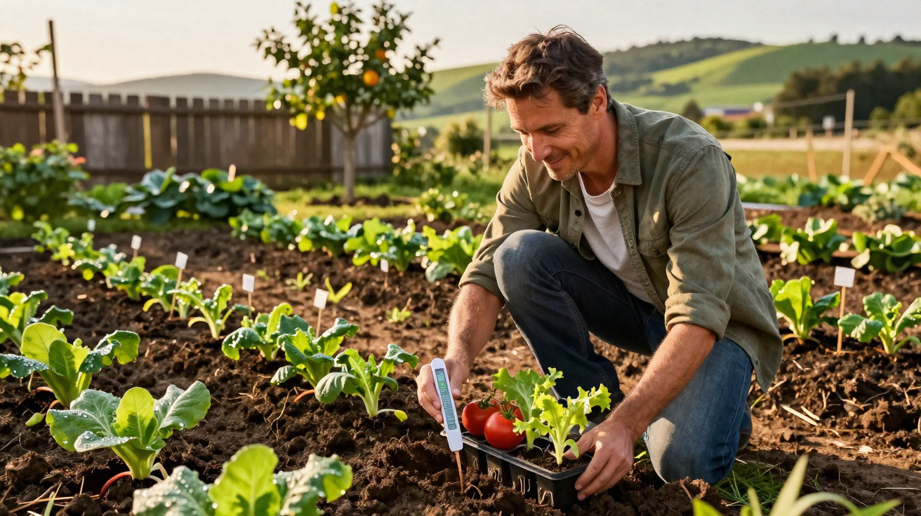 Man kneeling in vegetable garden holding seedlings and soil meter on a sunny day with hills in the background.
