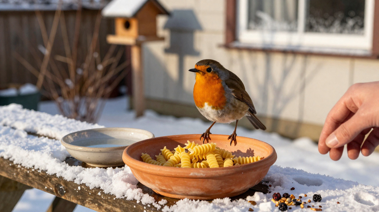 Robin perched on a bowl of pasta on a snowy wooden table with a hand reaching nearby in a garden.