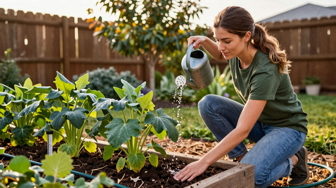 Woman watering plants in a raised garden bed in a sunny backyard with a wooden fence.