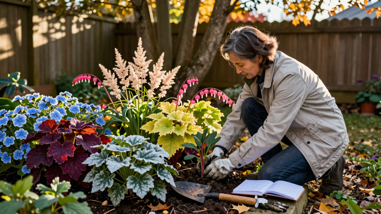 Person gardening among colourful plants and flowers in a sunlit backyard during autumn.