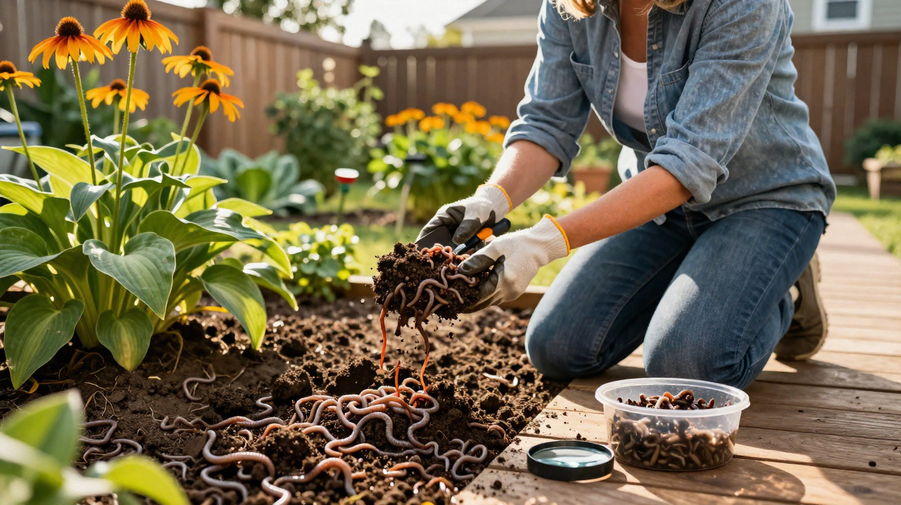 Person wearing gloves holding soil with many earthworms in a garden bed with orange flowers nearby
