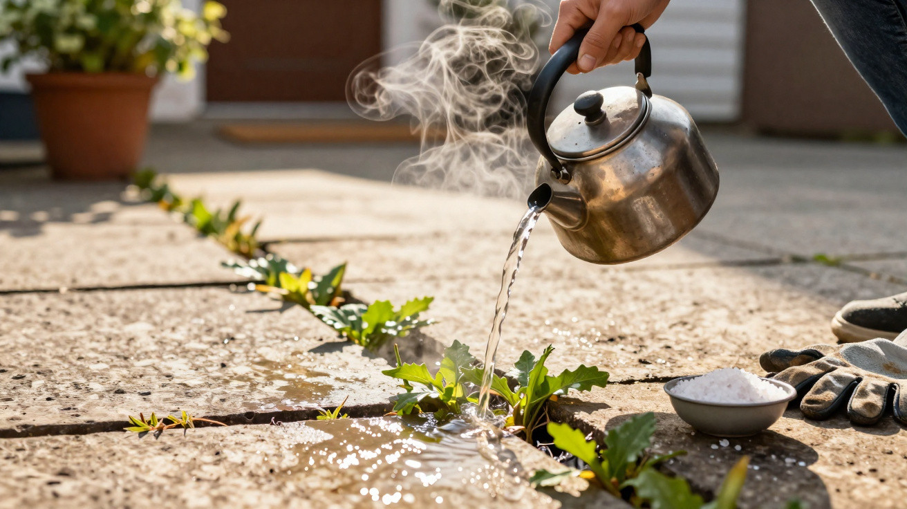 A person pours steaming water from a kettle onto weeds growing between pavement cracks.